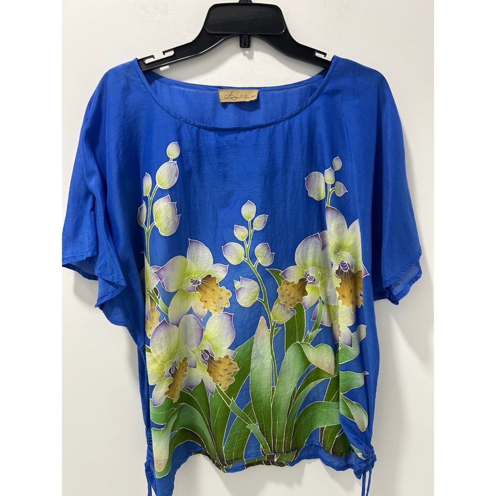 Angelique St Croix Blue Floral Orchid Batik Cotton Top M/L Hand Painted Blouse